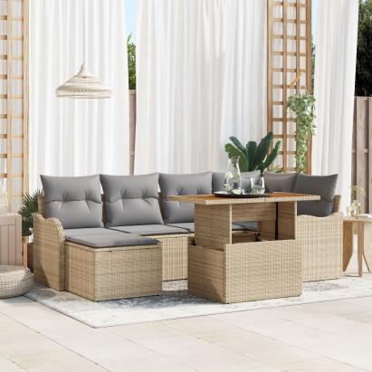 Set de Sofa de Grădină cu 7 Piese cu Perne Bej Ratan POLI Acacia, Sofa de Grădină cu 2 Locuri cu Perne Bej Ratan POLI GartenMobel Dekor