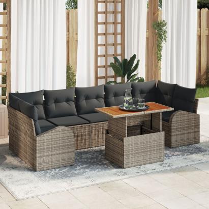 Set de dining pentru grădină de 8 piese cu perne, gri, din ratan poliesteric și acacia GartenMobel Dekor