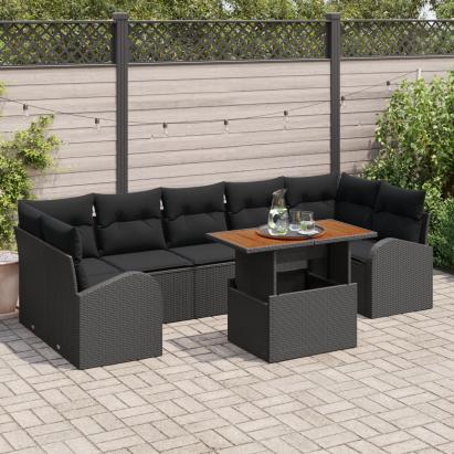 Set Dining 8 Piese Perne Negru Poliratan Acacia GartenMobel Dekor