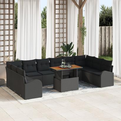 Set dining grădină cu perne Negru Poliratan Acacia GartenMobel Dekor
