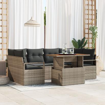 Set de 7 Piese Sofa de Grădină cu Perne Gri Ratan Acacia,  Sofa de Grădină pentru 2 Persoane cu Perne Gri Ratan PE GartenMobel Dekor
