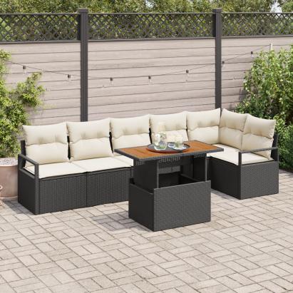 Set canapea de grădină  cu 7 piese și perne din rattan poliester negru lemn de acacia, Set canapea de grădină cu 2 locuri  cu perne din rattan poliester negru GartenMobel Dekor