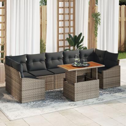 Set de dining pentru grădină cu 8 piese, perne gri, din ratan polimeric și acacia GartenMobel Dekor