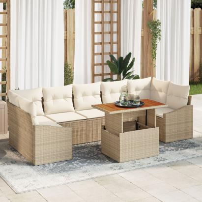 Set Dining 8 Piese Grădină cu Perne Bej Ratan Poli Acacia GartenMobel Dekor