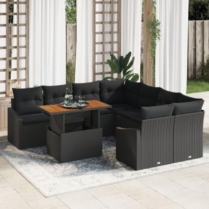 Set de dining pentru grădină format din 9 piese cu perne, rattan poli, acacia neagră GartenMobel Dekor