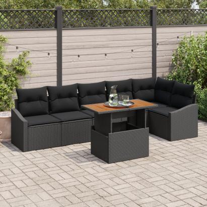 Set de dining pentru grădină cu 7 piese și perne, Ratan Poly negru, Acacia GartenMobel Dekor