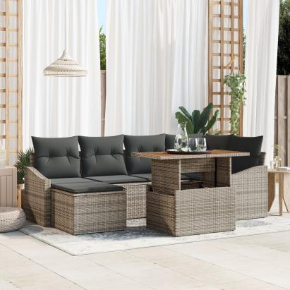 Set de dining pentru grădină cu 7 piese cu perne gri din ratan poli și acacia GartenMobel Dekor
