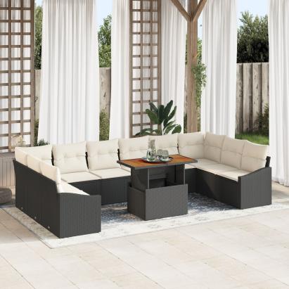 Set de mese de grădină de 11 piese cu perne Negru Poly Rattan Acacia GartenMobel Dekor