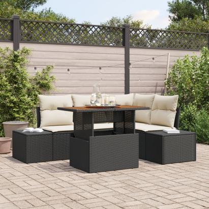 Set de 5 Piese pentru Dining în Grădină cu Perne Negru Poliratan Acacia GartenMobel Dekor