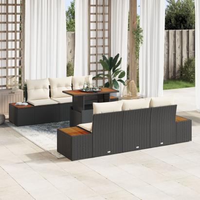 Set dining grădină 7 piese cu perne negre din poliratan acacia GartenMobel Dekor