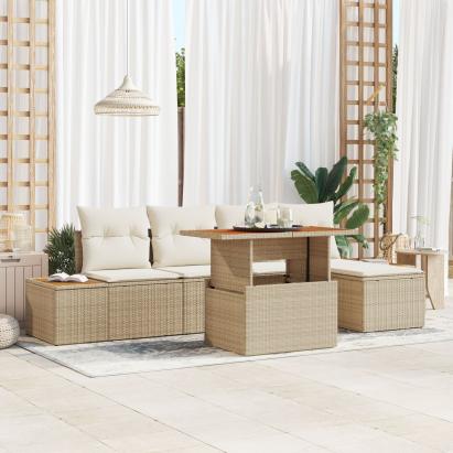 Set de dining pentru grădină din 6 piese cu perne bej din poliratan și acacia GartenMobel Dekor