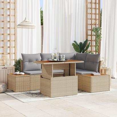 Set de dining pentru grădină 5 piese cu perne Bej Ratan Poly Acacia GartenMobel Dekor