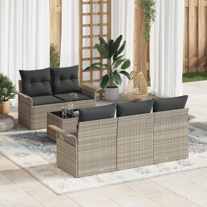 Set de 6 Piese Sofa pentru Grădină cu Perne Gri Deschis din Ratan Poly,  Sofa pentru Grădină cu 2 Locuri cu Spațiu de Depozitare și Perne Gri Deschis din Ratan Poly GartenMobel Dekor
