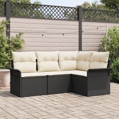 Set de canapea de grădină  4 piese cu perne Rattan poli negru, Canapea grădină  cu 2 locuri cu depozitare și perne Rattan poli negru GartenMobel Dekor
