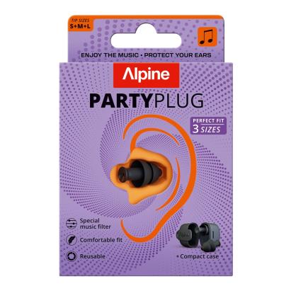 Dopuri de urechi cu filtru muzical pentru festivaluri si concerte, 3 dimensiuni incluse (S/M/L), protectie zgomote SNR 19dB, reutilizabile, negre, ALPINE PartyPlug 2025 ALP20054 Children SafetyCare