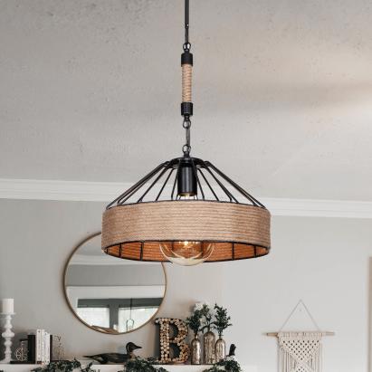 Hängeleuchte Bridgford E27 Metall Juteseil Schwarz / Jutefarben [lux.pro] HausGarden Leisure