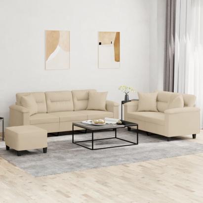 Set de canapele cu perne, 3 piese, crem, microfibră GartenMobel Dekor