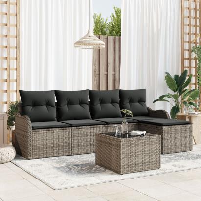 Set de 5 Piese de Sofa pentru Grădină cu Perne Gri Ratan Polimeric, Sofa cu Depozitare și Perne pentru Grădină  cu 2 Locuri Gri Ratan Polimeric GartenMobel Dekor