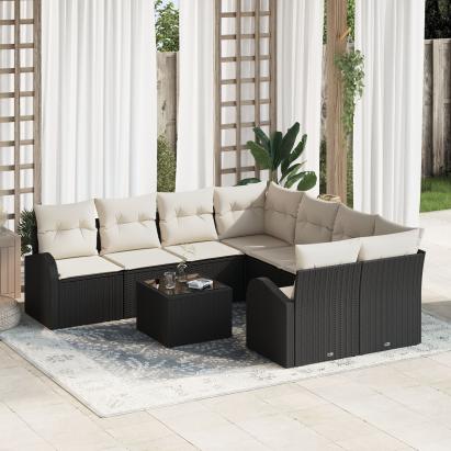 Set de sofa modular  cu 9 piese și perne negre din poliratan, Sofa de grădină  pentru 2 persoane cu spațiu de depozitare și perne negre din poliratan GartenMobel Dekor