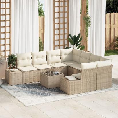 Set de sofa de grădină de 9 piese cu perne Bej din ratan poli GartenMobel Dekor