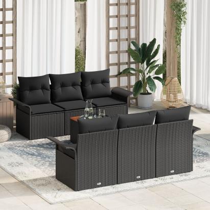 Set de Sofa Grădină  7 Piese cu Pernuțe Negru Poliratan Acacia, Sofa Grădină  2-Seater cu Depozitare & Pernuțe Negru Poliratan GartenMobel Dekor
