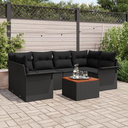 Set de Sofa Grădină  7 Piese cu Perne Negre din Poliratan Acacia, Sofa Grădină  2 Locuri cu Spațiu de Depozitare & Perne Negre din Poliratan GartenMobel Dekor