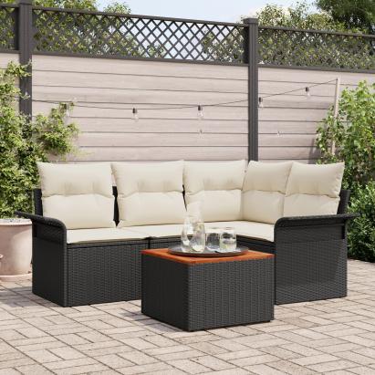 Set canapea grădină cu 5 piese și perne Negru Rattan Poliester, Canapea grădină cu 2 locuri cu depozitare și perne Negru Rattan Poliester GartenMobel Dekor