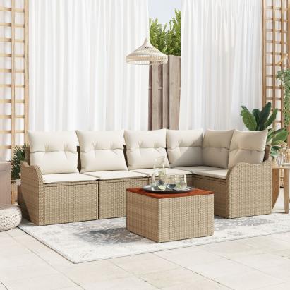 Set de Sofas de Grădină  cu 6 Piese cu Perne Bej Ratan Polimeric Acacia, Sofa de Grădină  pentru 2 Persoane cu Spațiu de Stocare și Perne Bej Ratan Polimeric GartenMobel Dekor