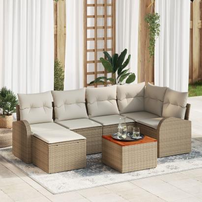 Set de Sofa pentru Grădină cu 7 Piese și Perne Bej Ratan Polimeric Acacia,  Sofa de Grădină pentru 2 Persoane cu Spațiu de Depozitare și Perne Bej Ratan Polimeric GartenMobel Dekor
