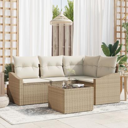 Set de dining pentru grădină cu 5 piese și perne, Brown Poly Rattan GartenMobel Dekor