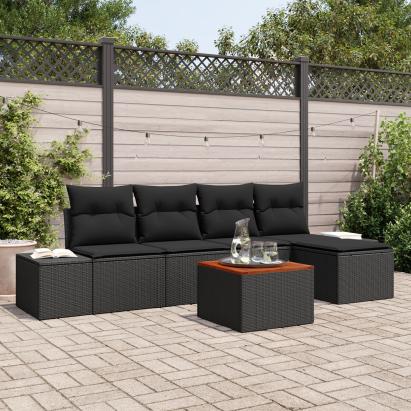 Set de 6 Piese pentru Grădină cu Perne Negru din Ratan Acacia GartenMobel Dekor