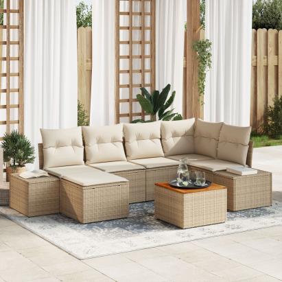 Set de Sofa pentru Grădină cu 7 Piese și Perne Bej Poliratan Acacia GartenMobel Dekor