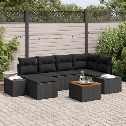 Set de Canapea de Grădină cu Perne Negru Poliratan Acacia GartenMobel Dekor