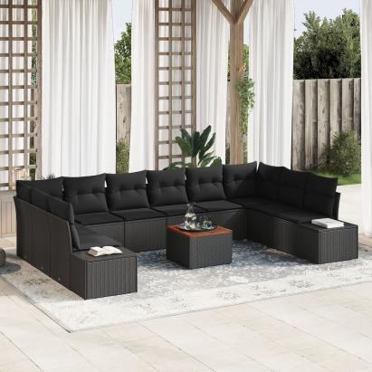 Set de Sofa de 11 Piese pentru Grădină cu Perne Negru Poli Ratan Acacia GartenMobel Dekor