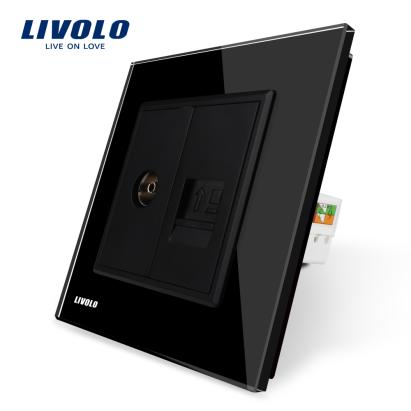 Priza dubla TV + priza internet Livolo cu rama din sticla SmartElectro IntelligentHouse