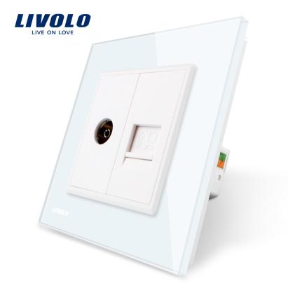 Priza dubla TV + priza internet Livolo cu rama din sticla SmartElectro IntelligentHouse
