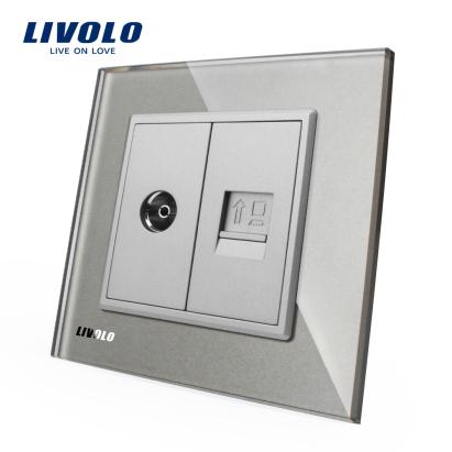 Priza dubla TV + priza internet Livolo cu rama din sticla SmartElectro IntelligentHouse