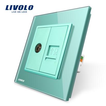 Priza dubla TV + priza internet Livolo cu rama din sticla SmartElectro IntelligentHouse