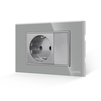 Priza Simpla si 1 Tasta Falsa cu Rama din Sticla LUXION, Standard Italian, 3M SmartElectro IntelligentHouse