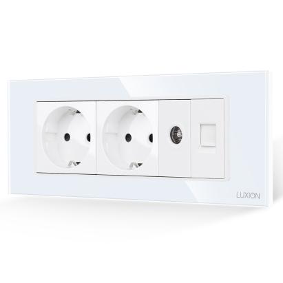 Priza Dubla Schuko + TV + Internet cu Rama din Sticla LUXION, Standard Italian, 6M SmartElectro IntelligentHouse