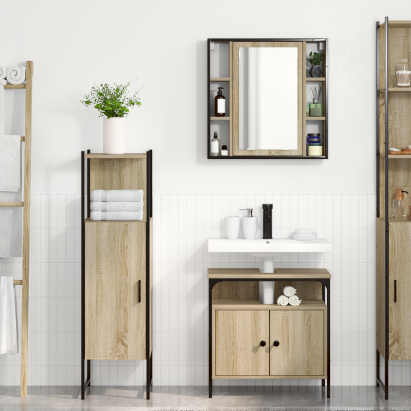 Set Mobilier Baie pe 3 Piese din Lemn Inginerizat Stejar Deschis GartenMobel Dekor