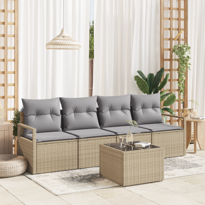 Set de sofa pentru grădină  5 piese cu perne Bej Ratan poli, Sofa de grădină  cu 2 locuri și perne Bej Ratan poli GartenMobel Dekor