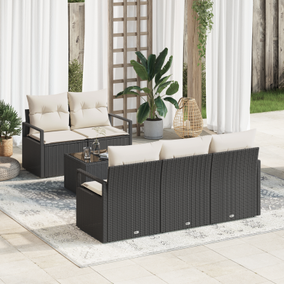 Set de sofa pentru grădină  6 piese cu perne Ratan negru, Sofa pentru grădină  2 locuri cu perne Ratan negru GartenMobel Dekor