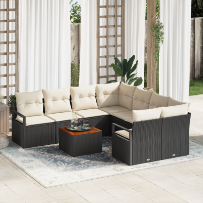 Set de Canape cu 9 Piese pentru Grădină cu Perne Negru Ratan Poly Acacia, Canapea Grădină cu 2 Locuri cu Perne Negru Ratan Poly GartenMobel Dekor