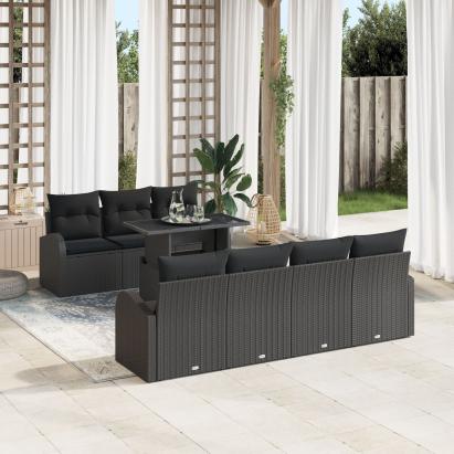 Set de 8 Piese pentru Sofa de Grădină cu Perne Negru din Ratan Polimeric,  Sofa de Grădină cu 2 Locuri cu Spațiu de Stocare și Perne Negru din Ratan Polimeric GartenMobel Dekor