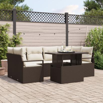 Set de Sofa de Gradina  cu 7 Piese cu Perne Maro Ratan Poli, Sofa de Gradina  de 2 Persoane cu Spațiu de Stocare & Perne Maro Ratan Poli GartenMobel Dekor