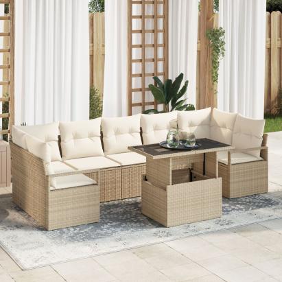 Set de 8 Piese Sofa pentru Grădină cu Perne Bej din Ratan Polizot,  Sofa pentru Grădină cu 2 locuri cu Depozitare și Perne Bej din Ratan Polizot GartenMobel Dekor