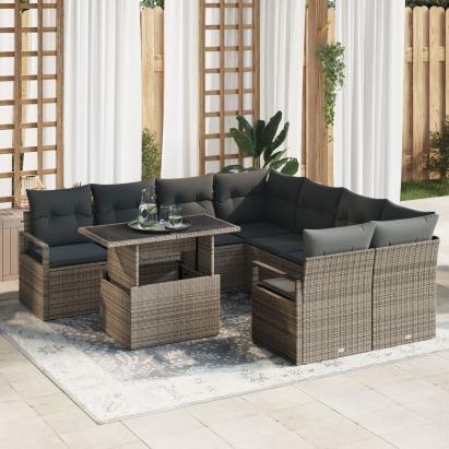 Set de Sofa pentru Grădină 9 Piese cu Perne Ratan Gri Poly, Sofa pentru Grădină cu 2 Locuri cu Spațiu de Stocare & Perne Ratan Gri Poly GartenMobel Dekor