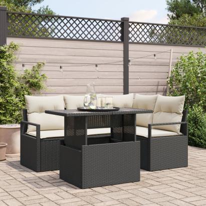 Set de 5 piese pentru sofa de grădină cu perne din ratan poli negru, Sofa de grădină cu două locuri cu storage și perne din ratan poli negru GartenMobel Dekor