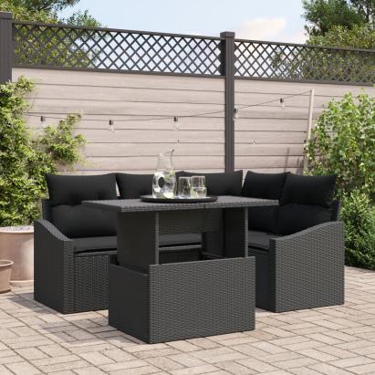 Set de canapea pentru grădină 5 piese cu perne Negru Ratan Poly GartenMobel Dekor